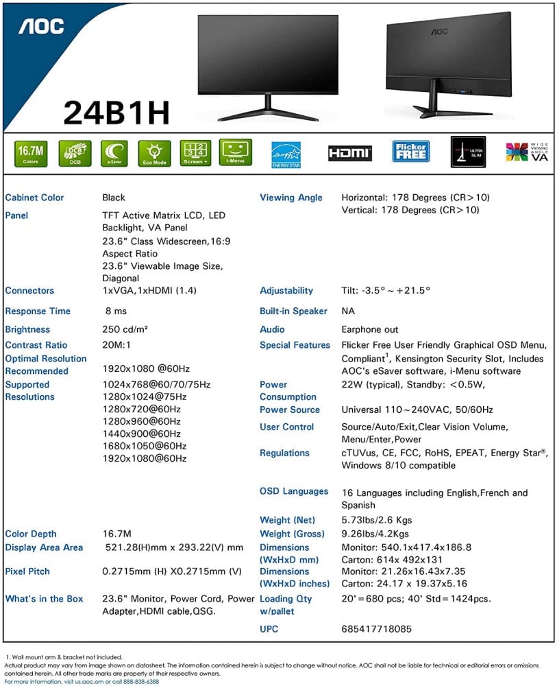 صورة شاشة اوك 24 إنش - AOC 24B1H 24" Full HD 1920x1080 Monitor, 3-Sided Frameless, VA Panel, HDMI/VGA, Flicker-free رقم 5