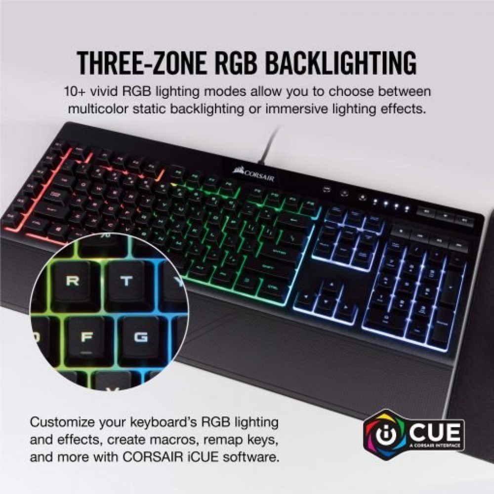 صورة Corsair K55 RGB Gaming Keyboard – IP42 Dust and Water Resistance – 6 Programmable Macro Keys – Dedicated Media Keys - Detachable Palm Rest Included رقم 2
