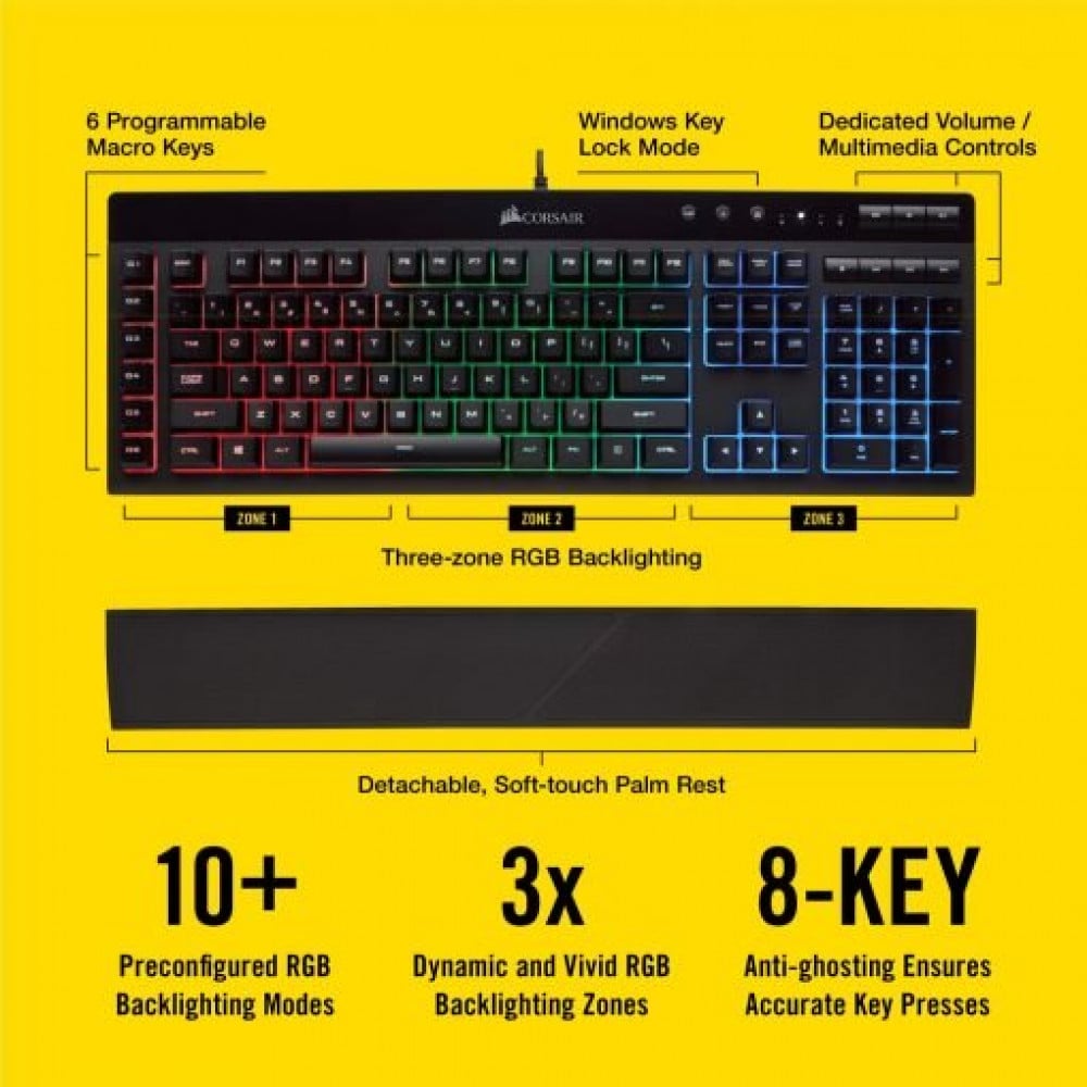 صورة Corsair K55 RGB Gaming Keyboard – IP42 Dust and Water Resistance – 6 Programmable Macro Keys – Dedicated Media Keys - Detachable Palm Rest Included رقم 4
