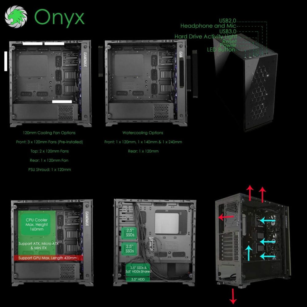 صورة Gamemax ONYX RGB Mid Tower ATX PC Case with 3 x RGB Fan and Tempered Glass Side and Front - Black رقم 7