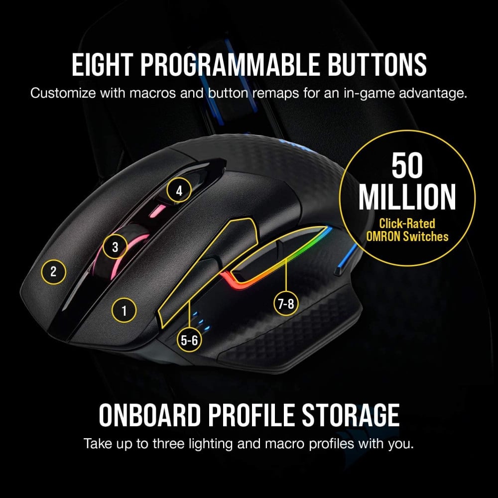 صورة Corsair Dark Core RGB Pro, Wireless FPSMOBA Gaming Mouse with SLIPSTREAM Technology, Black, Backlit RGB LED, 18000 DPI رقم 6