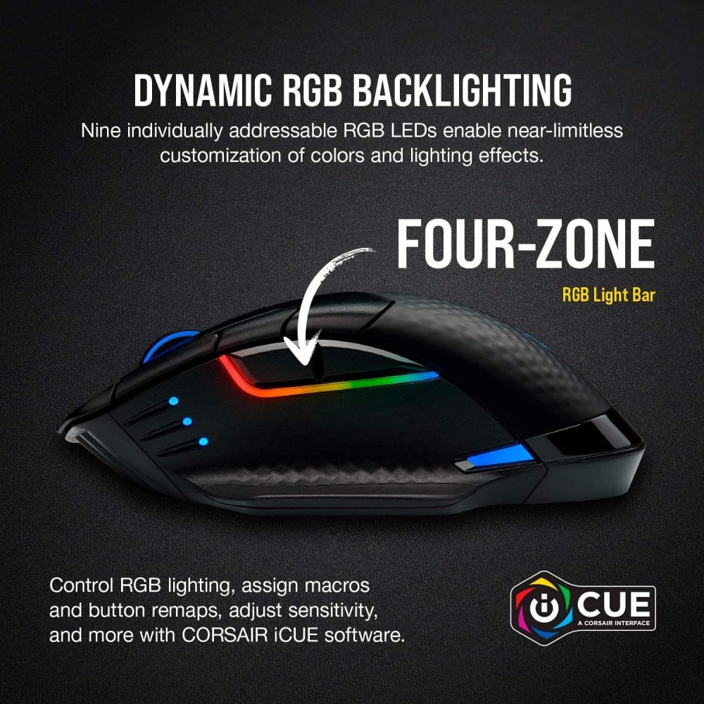 صورة Corsair Dark Core RGB Pro, Wireless FPSMOBA Gaming Mouse with SLIPSTREAM Technology, Black, Backlit RGB LED, 18000 DPI رقم 9
