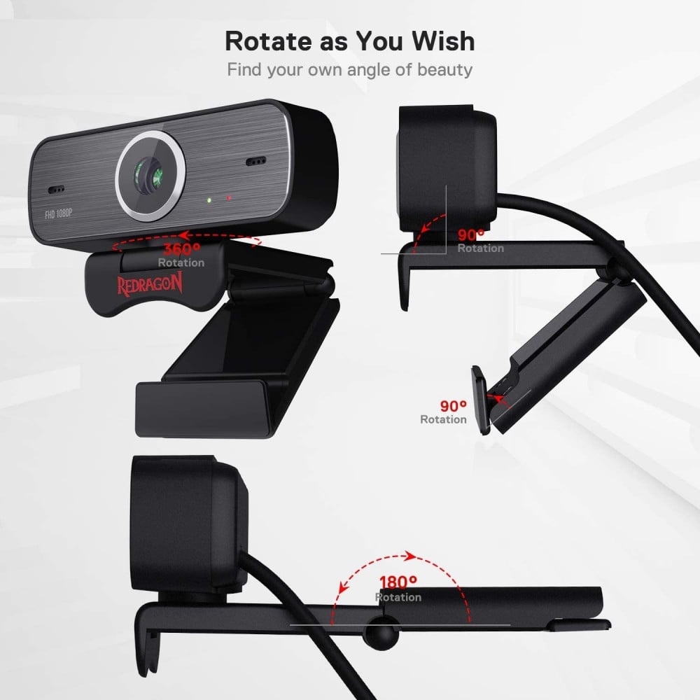 صورة Redragon GW800 1080P Webcam with Built-in Dual Microphone, 360-Degree Rotation - 2.0 USB Skype Computer Web Camera - 30 FPS for Online Courses, Video Conferencing and Streaming
