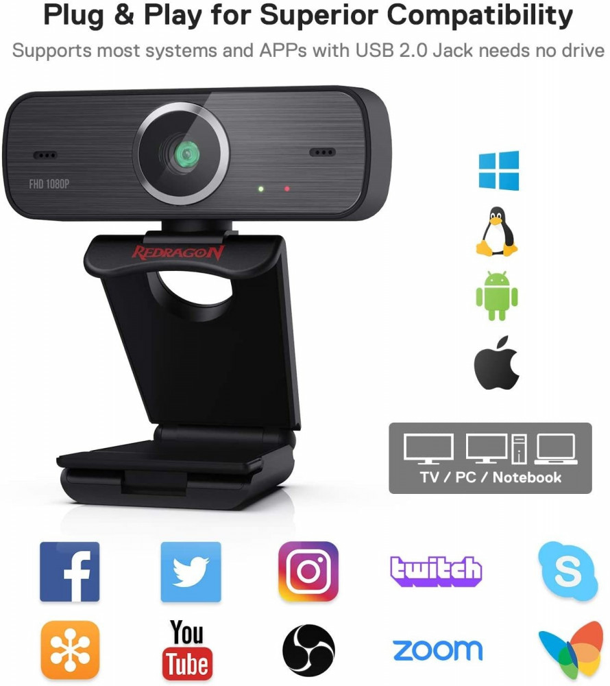 صورة Redragon GW800 1080P Webcam with Built-in Dual Microphone, 360-Degree Rotation - 2.0 USB Skype Computer Web Camera - 30 FPS for Online Courses, Video Conferencing and Streaming رقم 6