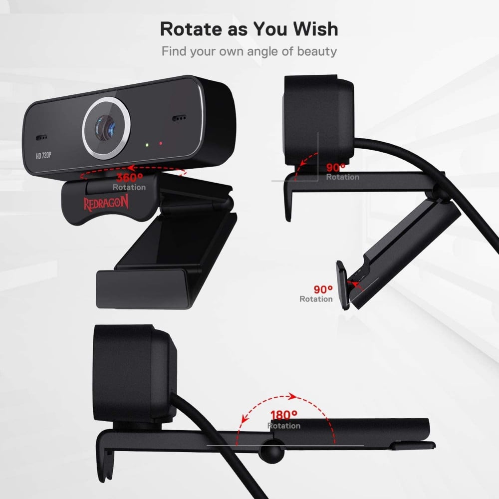 صورة Redragon GW600 720P Webcam with Built-in Dual Microphone, 360-Degree Rotation - 2.0 USB Skype Computer Web Camera - 30 FPS for Online Courses, Video Conferencing and Streaming