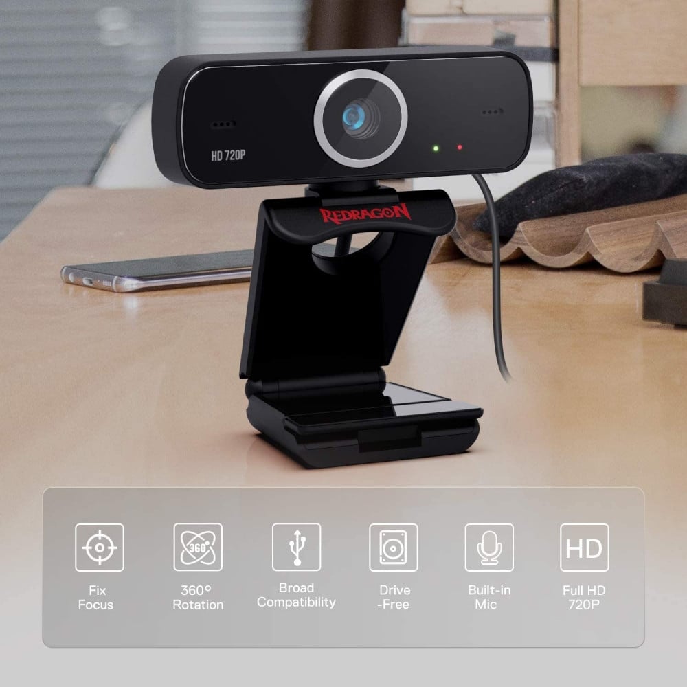 صورة Redragon GW600 720P Webcam with Built-in Dual Microphone, 360-Degree Rotation - 2.0 USB Skype Computer Web Camera - 30 FPS for Online Courses, Video Conferencing and Streaming رقم 3