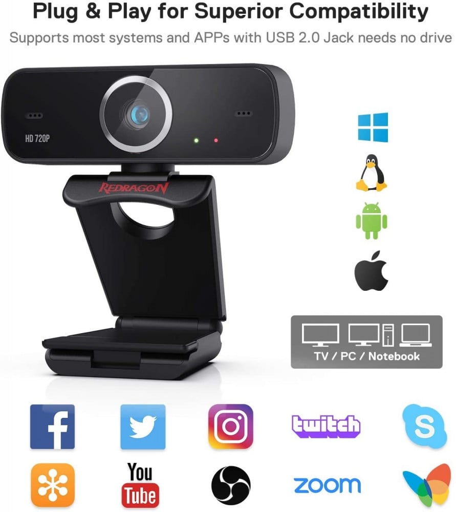 صورة Redragon GW600 720P Webcam with Built-in Dual Microphone, 360-Degree Rotation - 2.0 USB Skype Computer Web Camera - 30 FPS for Online Courses, Video Conferencing and Streaming رقم 6