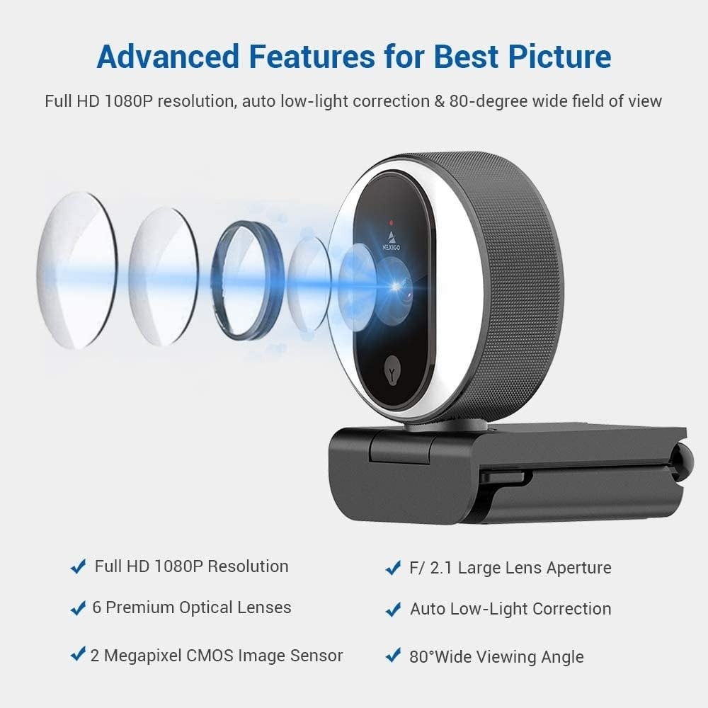 صورة NexiGo Streaming Webcam with Ring Light and Dual Microphone, Advanced Auto-Focus, Adjustable Brightness with Touch Control, 1080P Web Camera for Zoom Skype Facetime, PC Mac Laptop Desktop رقم 4