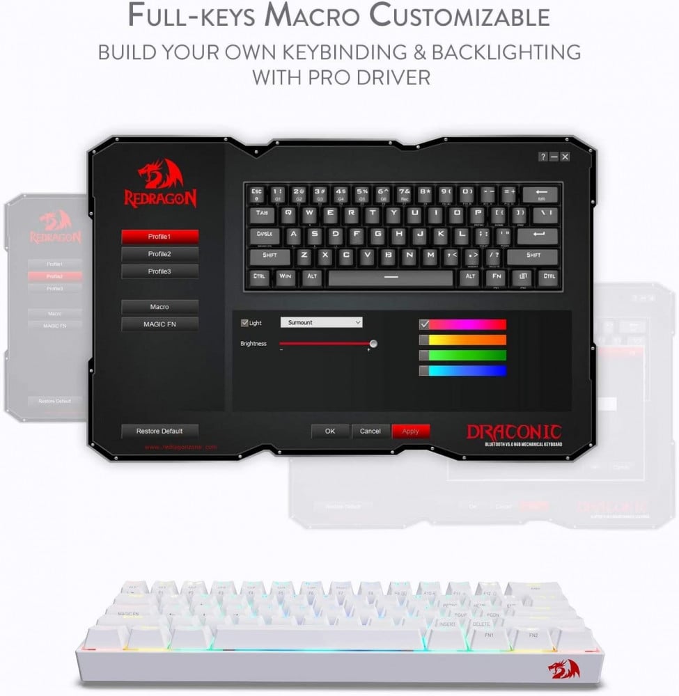 صورة Redragon K530 Draconic 60% Compact RGB Wireless Mechanical Keyboard, 61 Keys TKL Designed 5.0 Bluetooth Gaming Keyboard with Brown Switches and 16.8 Million RGB Lighting for PC, Laptop, Cell رقم 3