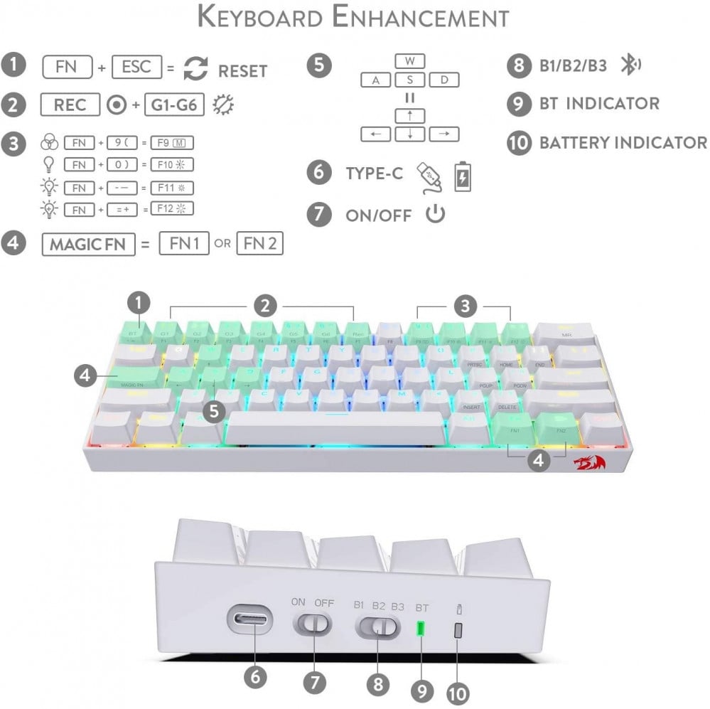 صورة Redragon K530 Draconic 60% Compact RGB Wireless Mechanical Keyboard, 61 Keys TKL Designed 5.0 Bluetooth Gaming Keyboard with Brown Switches and 16.8 Million RGB Lighting for PC, Laptop, Cell رقم 7