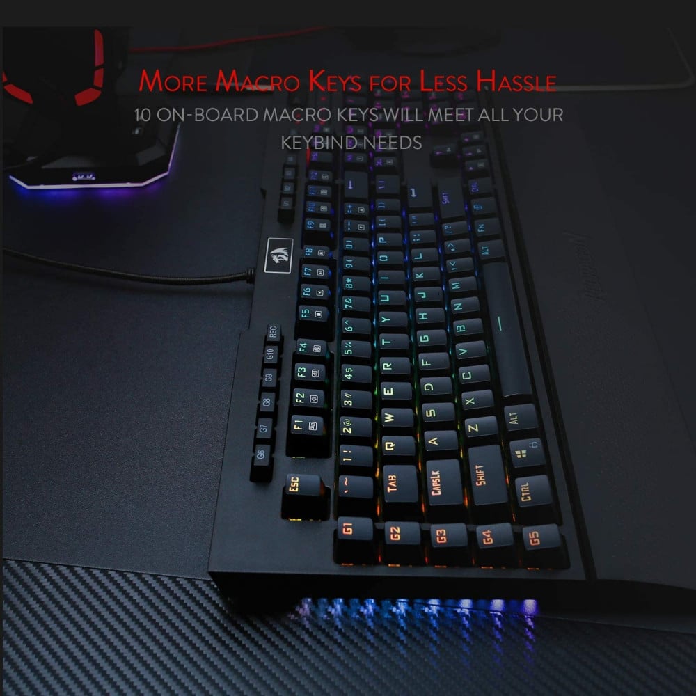 صورة Redragon K586-PRO Brahma RGB Mechanical Gaming Keyboard with Fast Optical Blue Switches, 10 Dedicated Macro Keys, Convenient Media Control, and Detachable Wrist Rest رقم 5