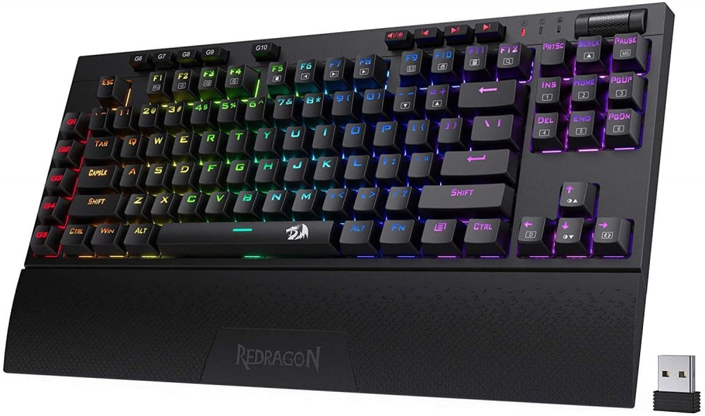صورة Redragon K596 Vishnu 2.4G Wireless/Wired RGB Mechanical Gaming Keyboard, 87 Keys TKL Compact Keyboard with 3000 mAh Battery, 10 Onboard Macro Keys & Wrist Rest, 10H Play Time, Red Switches