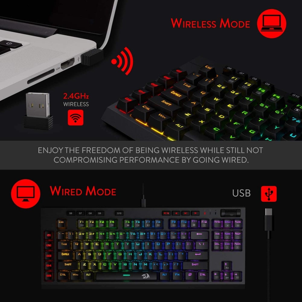 صورة Redragon K596 Vishnu 2.4G Wireless/Wired RGB Mechanical Gaming Keyboard, 87 Keys TKL Compact Keyboard with 3000 mAh Battery, 10 Onboard Macro Keys & Wrist Rest, 10H Play Time, Red Switches رقم 3