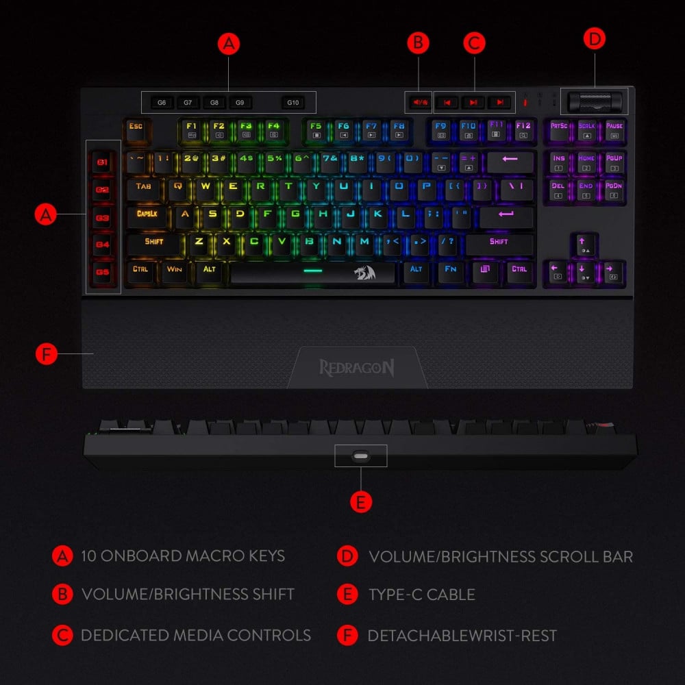 صورة Redragon K596 Vishnu 2.4G Wireless/Wired RGB Mechanical Gaming Keyboard, 87 Keys TKL Compact Keyboard with 3000 mAh Battery, 10 Onboard Macro Keys & Wrist Rest, 10H Play Time, Red Switches رقم 4