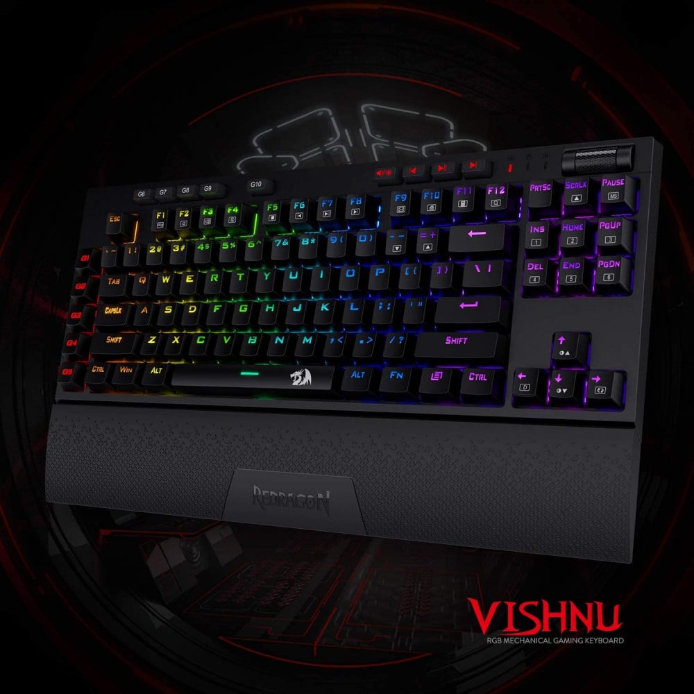 صورة Redragon K596 Vishnu 2.4G Wireless/Wired RGB Mechanical Gaming Keyboard, 87 Keys TKL Compact Keyboard with 3000 mAh Battery, 10 Onboard Macro Keys & Wrist Rest, 10H Play Time, Red Switches رقم 7