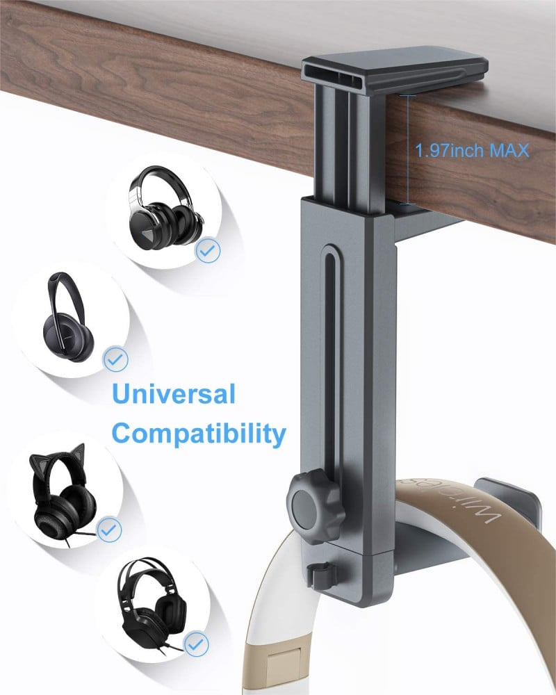 صورة Headphone Stand and Hanger 2 in 1, SUPERONE Headset Hook with Adjustable Height, Wide & Rotating Hook, Cable Clip, Soft clamp Pads, Fit for Desks, Cabinets, Bookshelves and More رقم 7