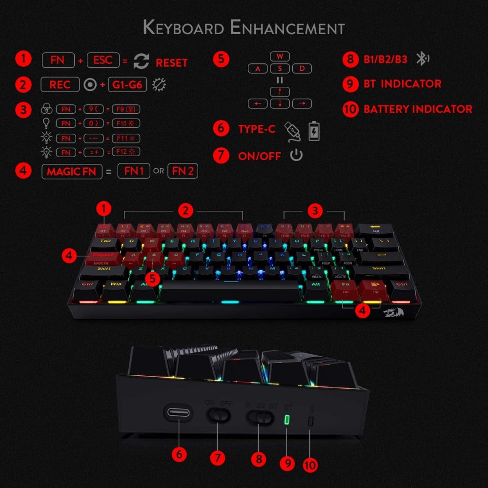 صورة كيبورد Redragon K530 RGB Black - تصميم مدمج وأداء ميكانيكي بمفاتيح Brown Switch رقم 6