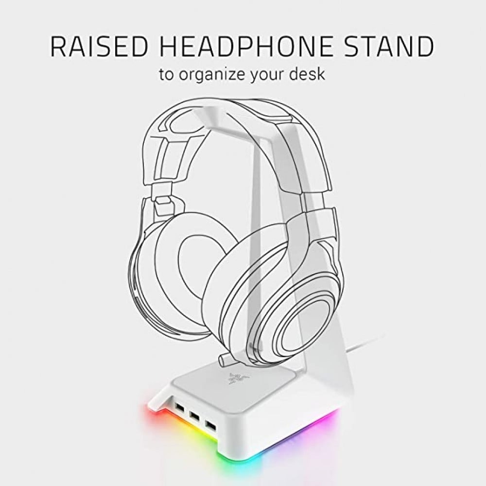 صورة حامل سماعة راس، سماعة راس من رايزر بيز ستيشن كروما مع قاعدة USB اضاءة RGB من كروما، قاعدة USB 3.0 بثلاثة منافذ، قاعدة مطاطية غير قابلة للانزلاق، مصممة لسماعات الرأس المخصصة للالعاب، لون اسود رقم 3