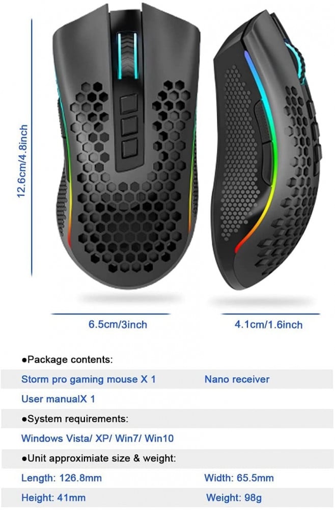 صورة Redragon M808 Storm Pro Wireless Gaming Mouse, RGB Honeycomb Form - 16,000 DPI Optical Sensor - 7 Programmable Buttons - Precise Registration رقم 5