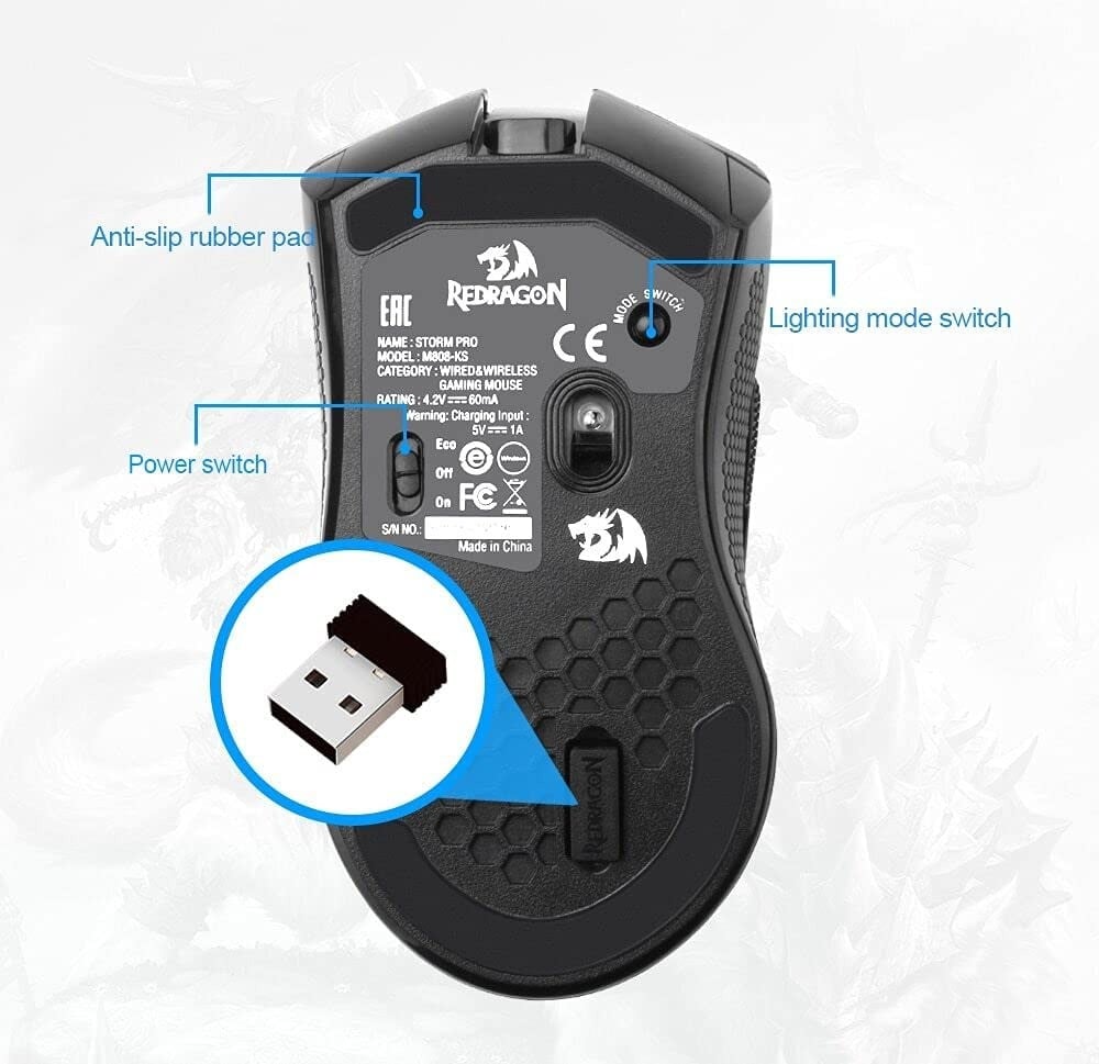 صورة Redragon M808 Storm Pro Wireless Gaming Mouse, RGB Honeycomb Form - 16,000 DPI Optical Sensor - 7 Programmable Buttons - Precise Registration رقم 6