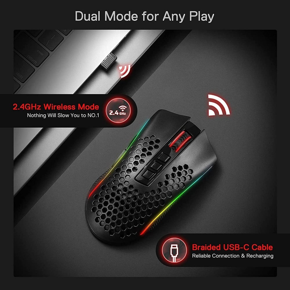 صورة Redragon M808 Storm Pro Wireless Gaming Mouse, RGB Honeycomb Form - 16,000 DPI Optical Sensor - 7 Programmable Buttons - Precise Registration رقم 7