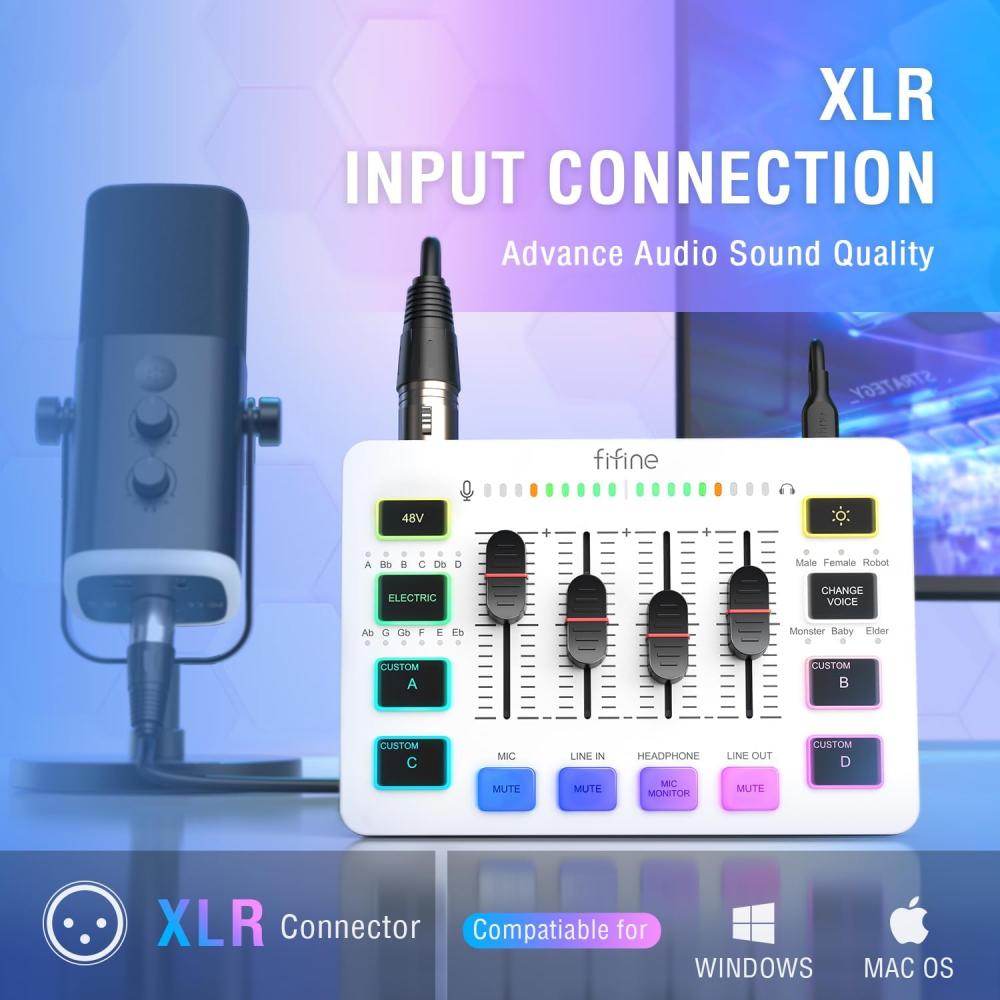 صورة مكسر صوت للألعاب Fifine AmpliGame SC3 – خلاط RGB بـ 4 قنوات مع مدخل ميكروفون Xlr ابيض رقم 2