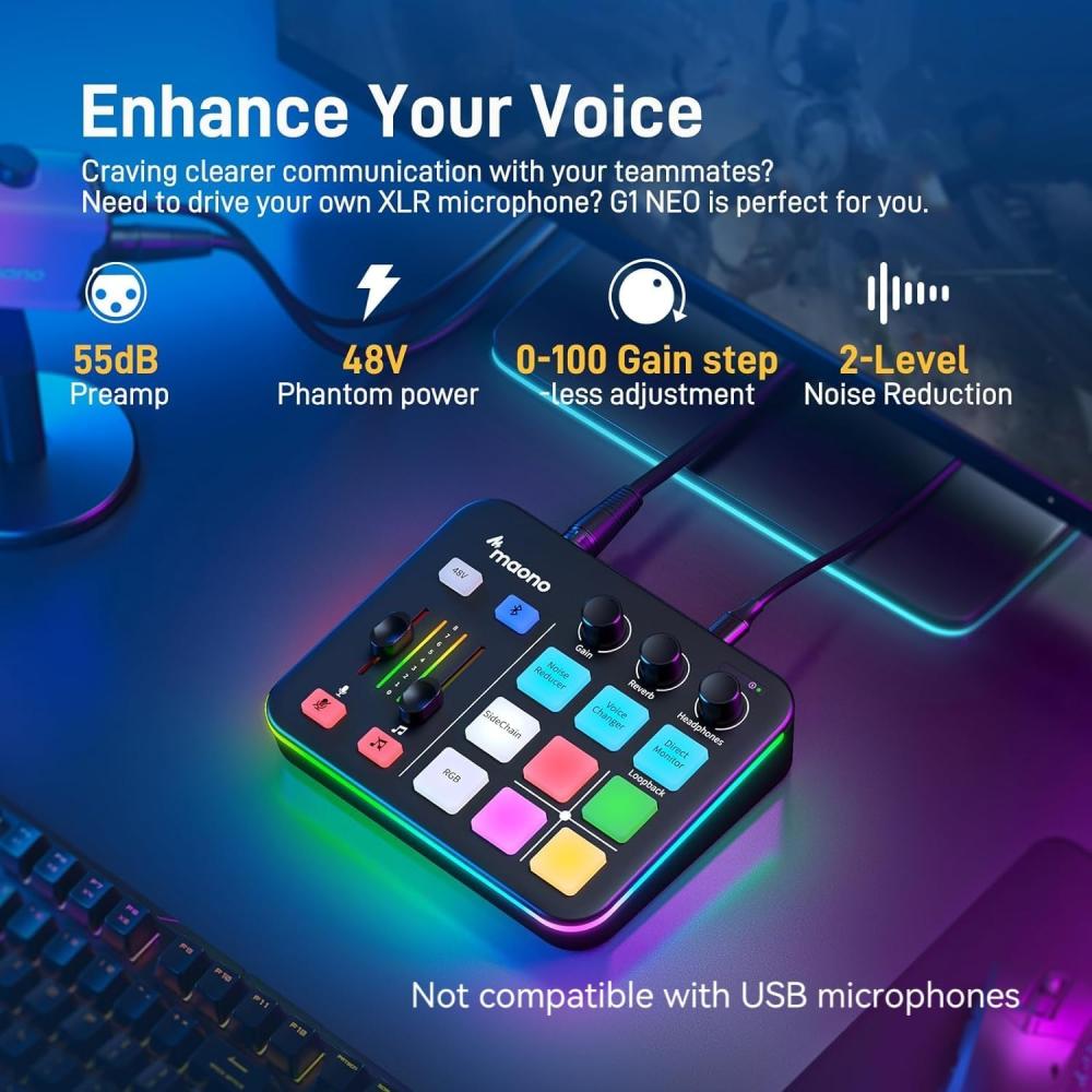 صورة ماونو كاستر G1 NEO – مولّف صوت احترافي للألعاب والبث | واجهة صوت XLR مع طاقة فانتوم 48V وRGB وبلوتوث – للمحتوى والبودكاست والألعاب (أسود) رقم 6
