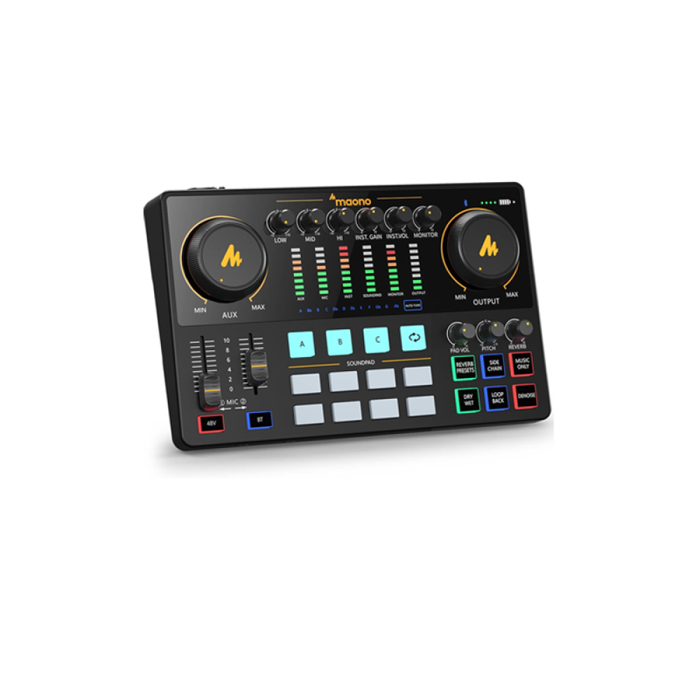 صورة مكسر Maonocaster AME2A الاحترافية | استوديو صوتي XLR وواجهة صوتية للبودكاست والبث المباشر (دعم 48V Phantom)