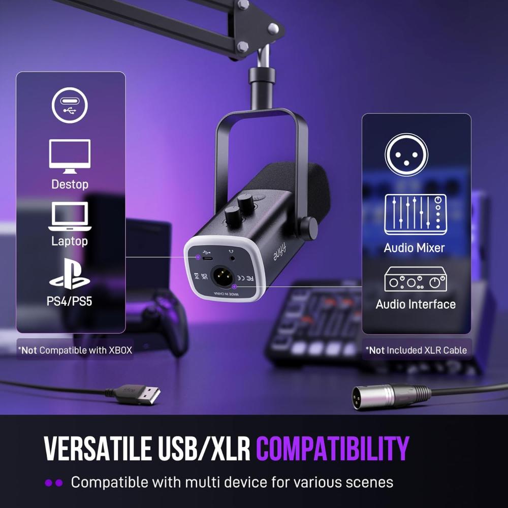 صورة مايك Fifine AM8T ديناميكي باللون الاسود XLR/USB مع ذراع | عزل صوت + RGB | لل PC و PS5 رقم 2