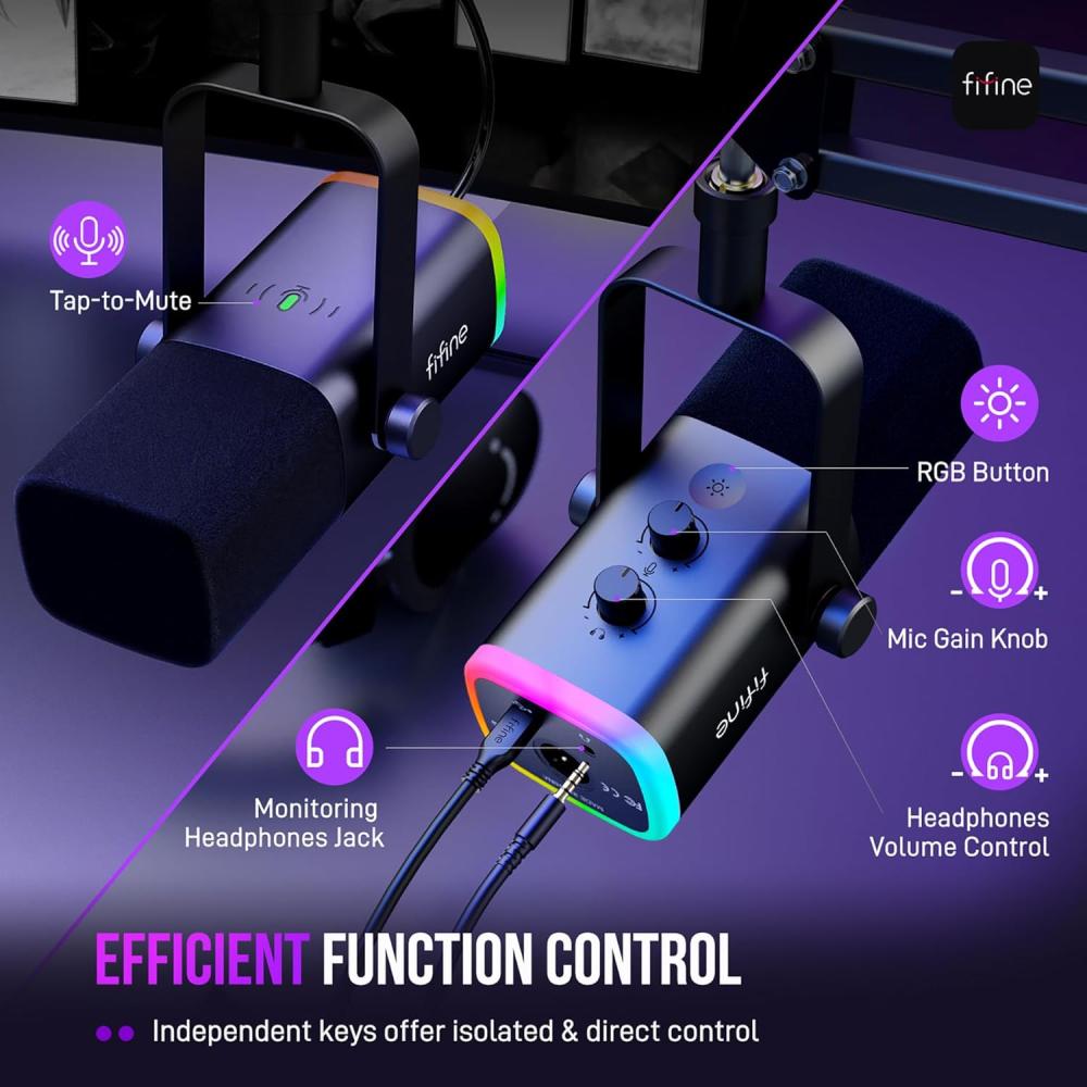 صورة مايك Fifine AM8T ديناميكي باللون الاسود XLR/USB مع ذراع | عزل صوت + RGB | لل PC و PS5 رقم 3