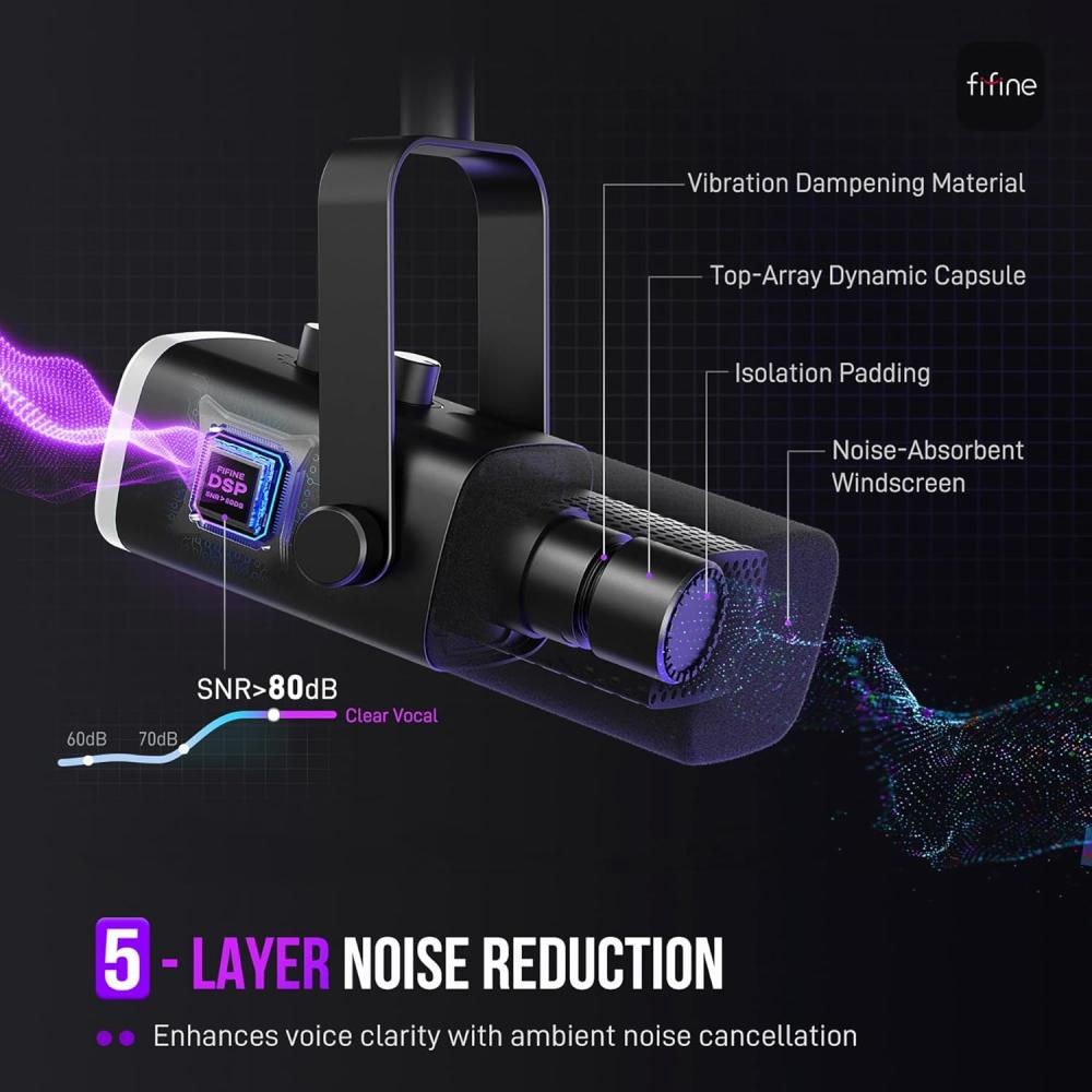 صورة مايك Fifine AM8T ديناميكي باللون الاسود XLR/USB مع ذراع | عزل صوت + RGB | لل PC و PS5 رقم 7