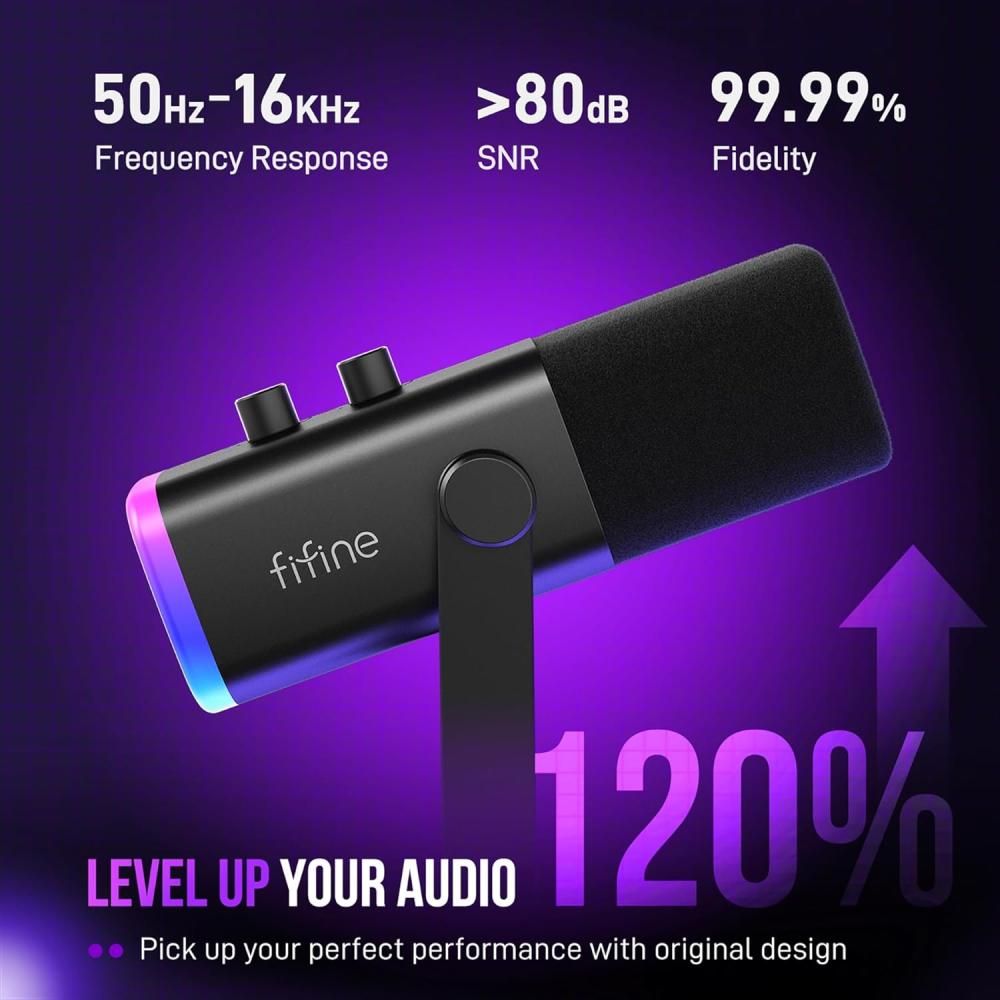 صورة مايك Fifine AM8T ديناميكي باللون الاسود XLR/USB مع ذراع | عزل صوت + RGB | لل PC و PS5 رقم 9