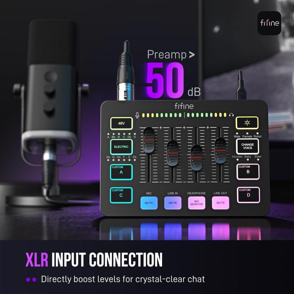 صورة ميكسر صوت اسود Fifine SC3 للألعاب والبث | مدخل XLR + فانتوم 48V | مؤثرات صوتية و RGB رقم 2