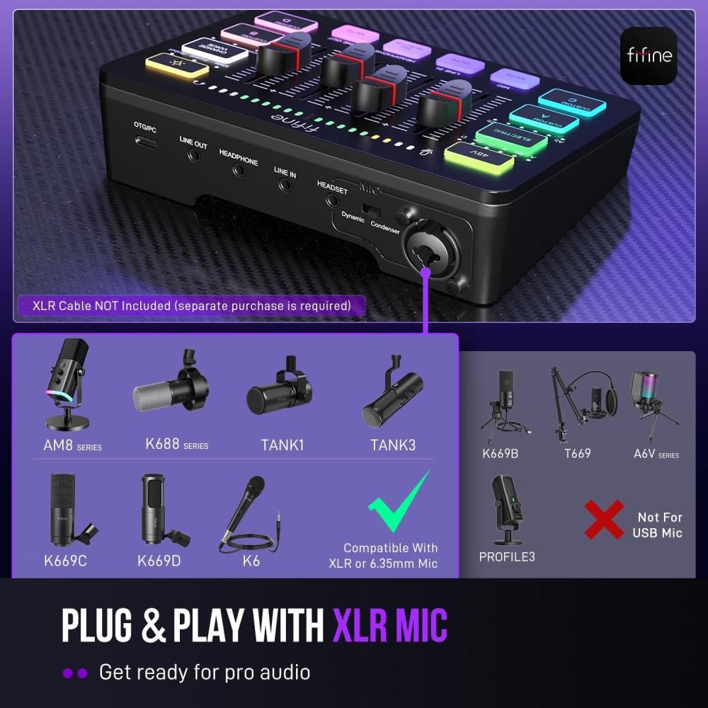 صورة ميكسر صوت اسود Fifine SC3 للألعاب والبث | مدخل XLR + فانتوم 48V | مؤثرات صوتية و RGB رقم 3