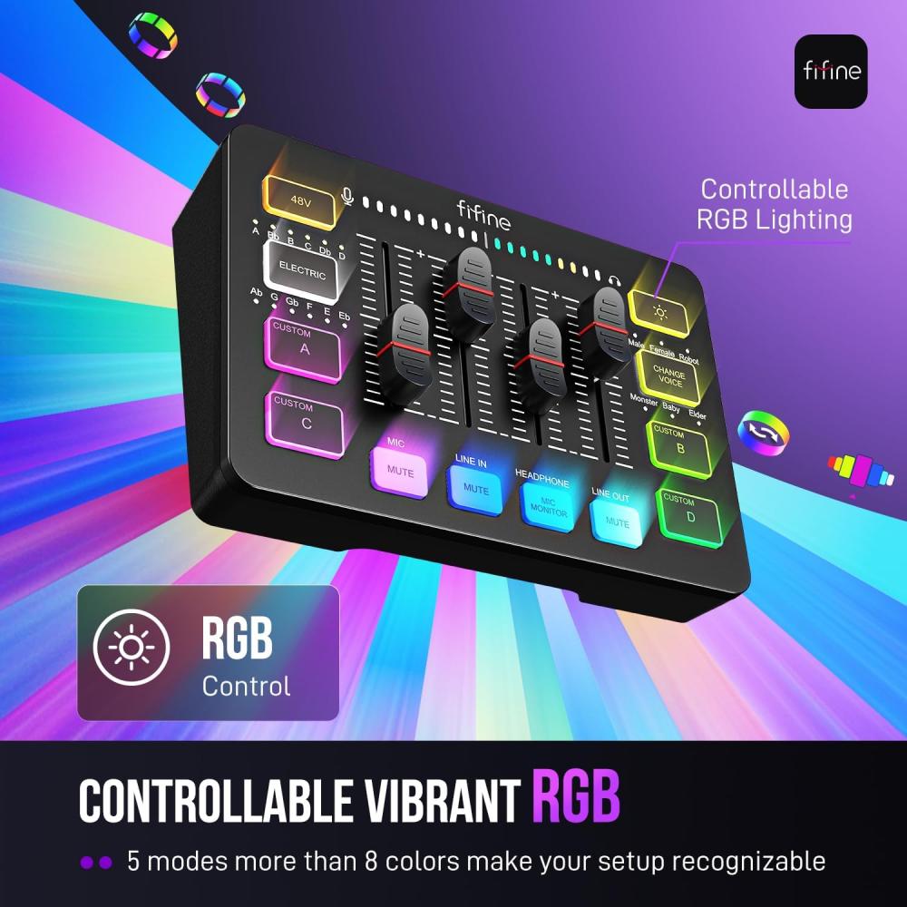 صورة ميكسر صوت اسود Fifine SC3 للألعاب والبث | مدخل XLR + فانتوم 48V | مؤثرات صوتية و RGB رقم 9