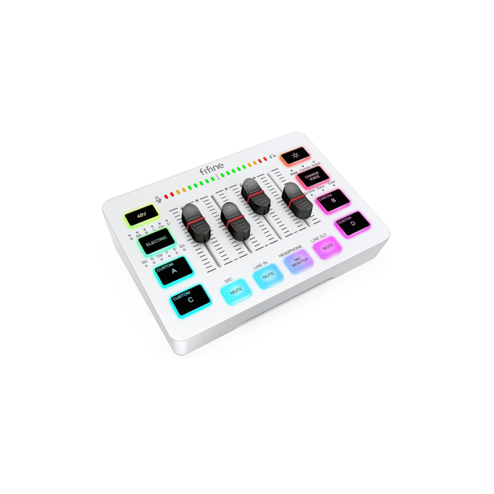 صورة ميكسر صوت ابـيض Fifine SC3 للألعاب والبث | مدخل XLR + فانتوم 48V | مؤثرات صوتية و RGB