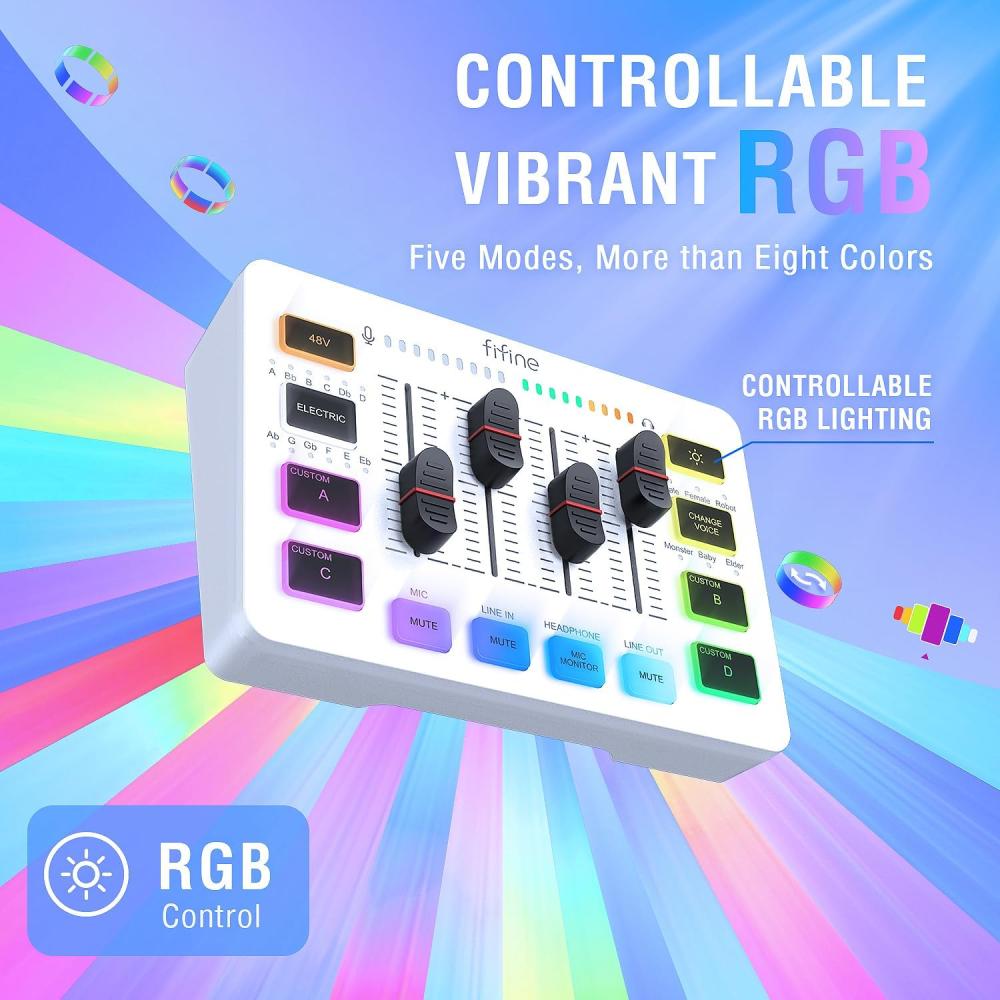 صورة ميكسر صوت ابـيض Fifine SC3 للألعاب والبث | مدخل XLR + فانتوم 48V | مؤثرات صوتية و RGB رقم 9