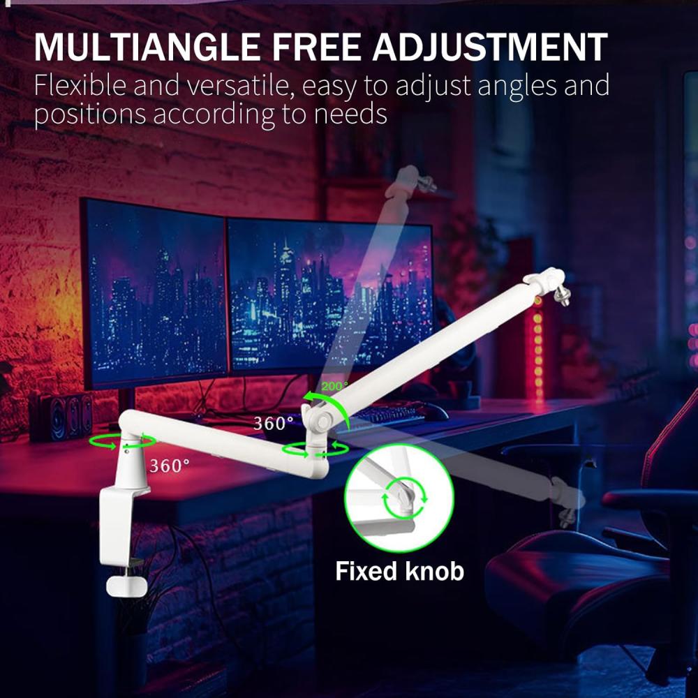 صورة ذراع مايك مكتبي صغير 360° أبيض مع إدارة كابلات وثبات عالي للبث | Microphone Desk Arm Stand White رقم 7